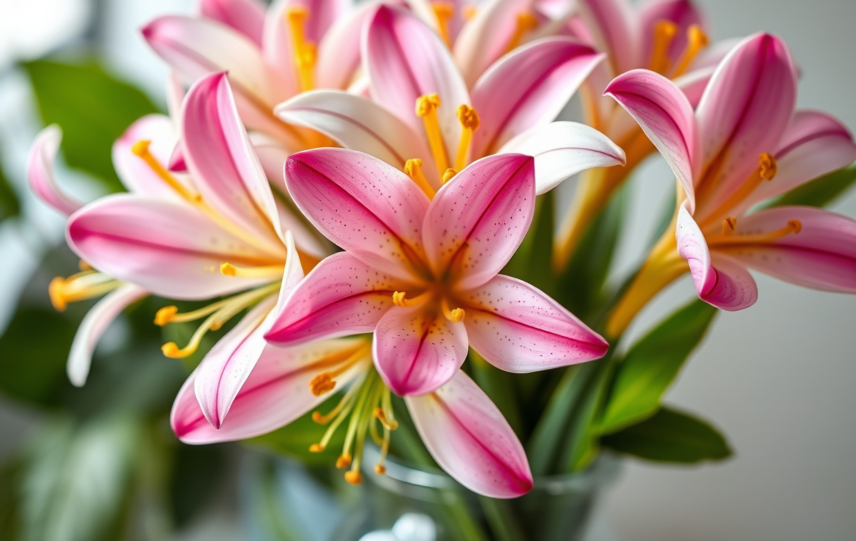 Närbild på en färgglad alstroemeria-bukett i en glasvas med rosa, gula och vita blommor