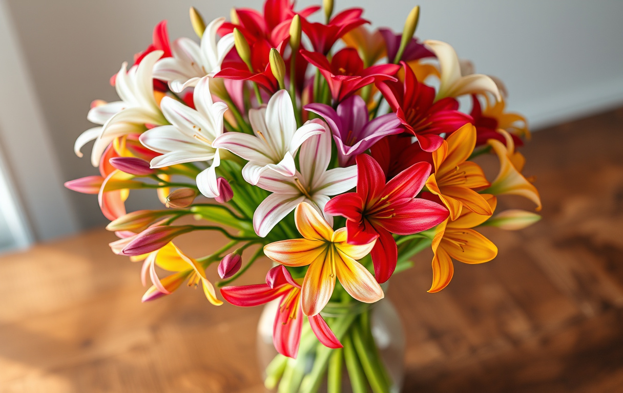 Bukett med alstroemeria i blandade färger i glasvas på träbord