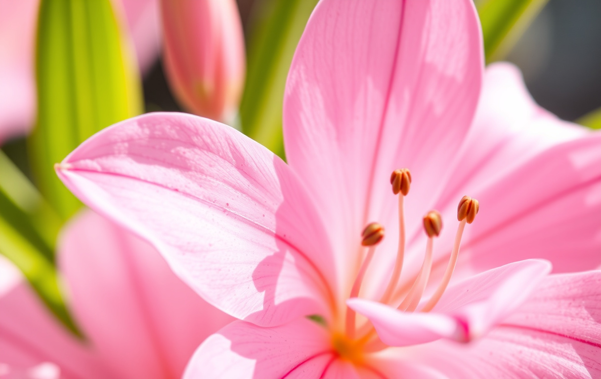 Närbild av en rosa alstroemeria i full blom med detaljerade streck och prickar på kronbladen