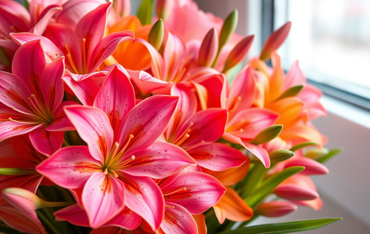 Bukett med alstroemeria i rosa och orange med prickiga kronblad och gröna blad, fotorealistisk detaljbild