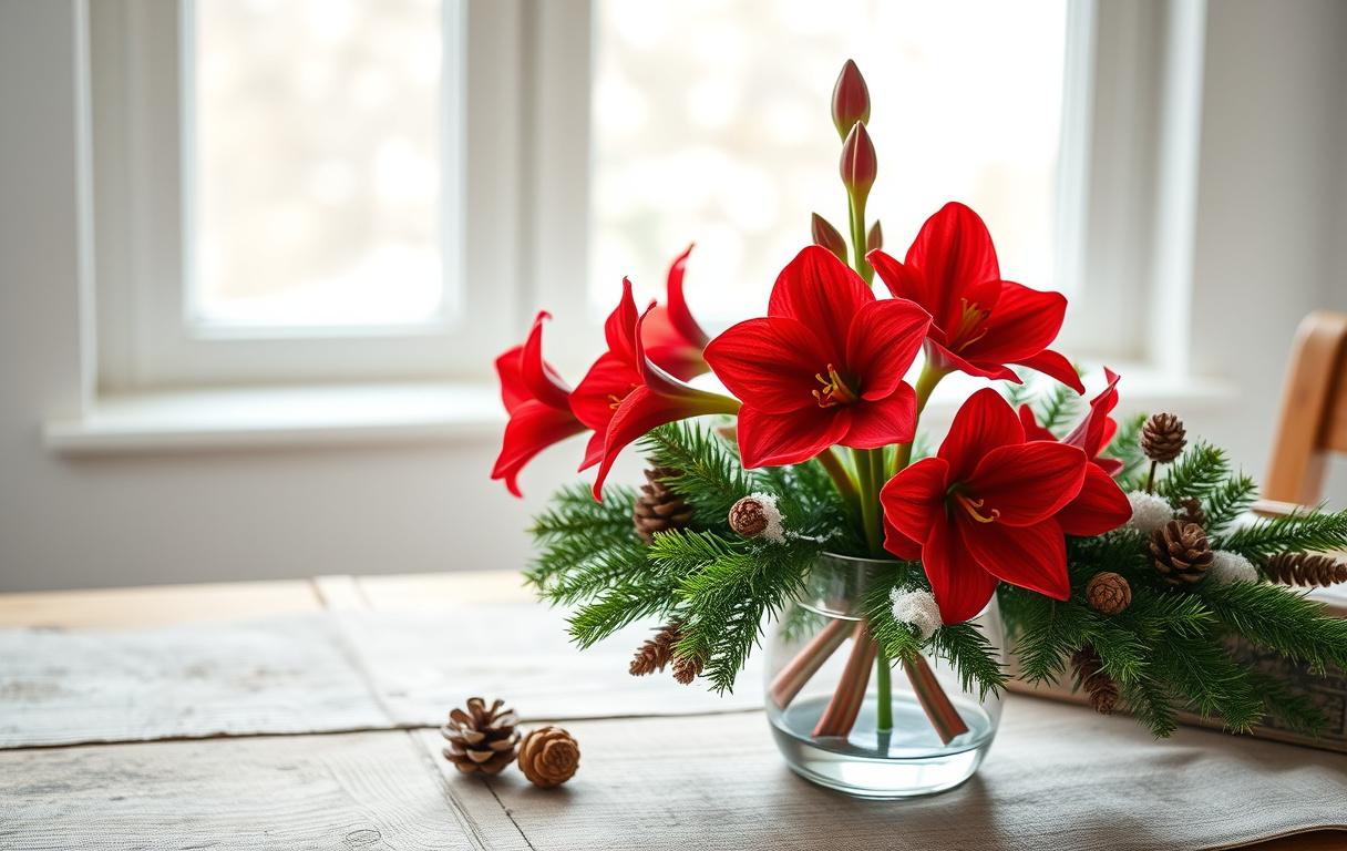 Närbild på ett amaryllisarrangemang i glasvas med röda blommor, granris och tallkottar på ett rustikt träbord.