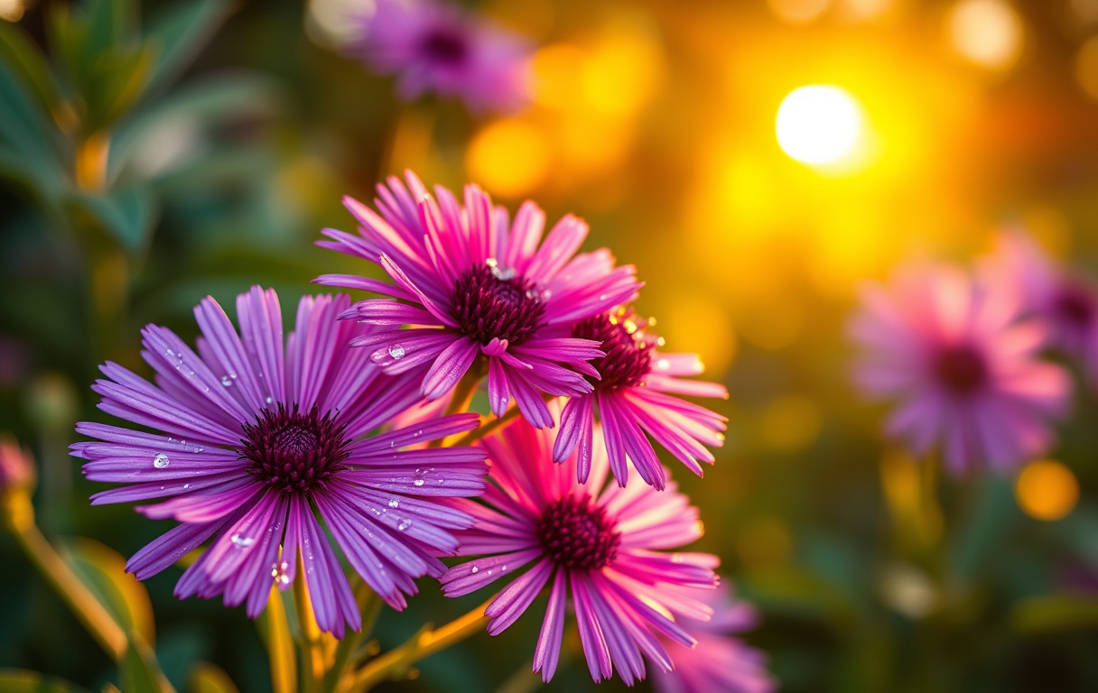 Närbild av lila och rosa asterblommor med daggdroppar i sensommarljus mot oskarp grön bakgrund.