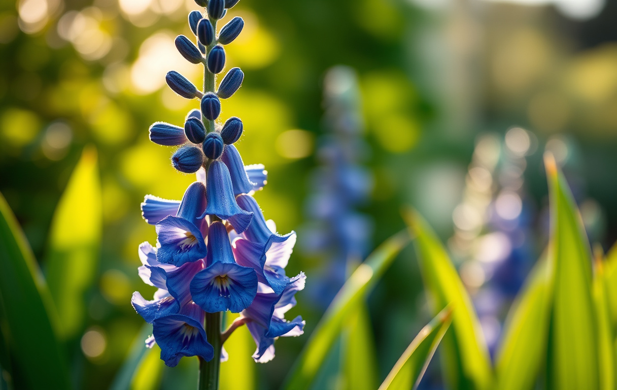 Närbild av en hög blå delphinium-blomspira med morgondagg på kronbladen och gröna blad i bakgrunden.