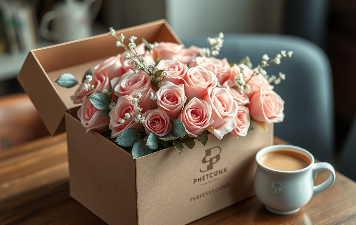 En blombox med evighetsrosor i pastellrosa och gräddfärg, dekorerad med torkad baby’s breath och eukalyptus, placerad på ett träbord bredvid en kopp kaffe.