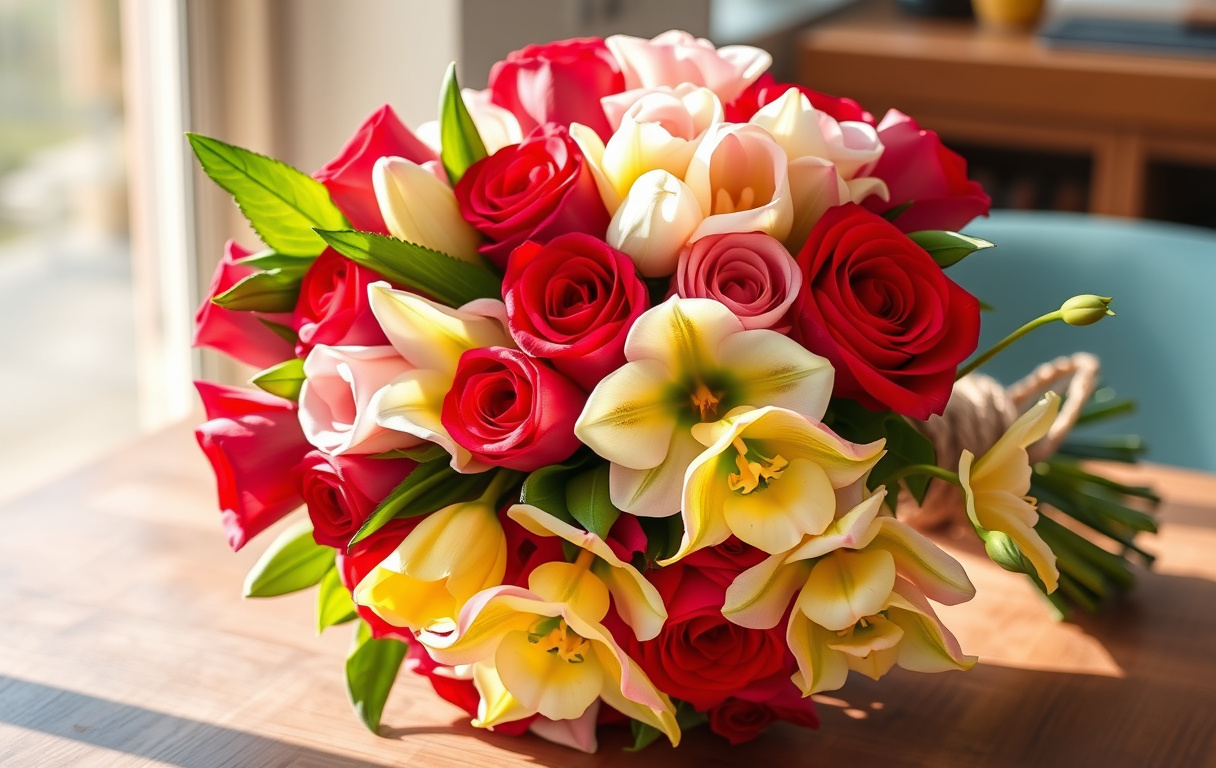 Ett fotorealistiskt knippe blommor med röda, rosa, vita och gula rosor, tulpaner och grön orkidé, bundet med snöre på ett träbord.