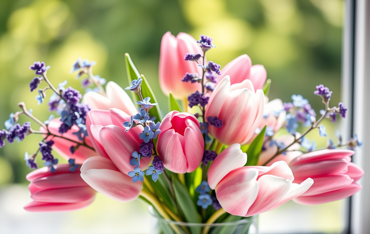Bouquet of tulips, verbena and forget-me-nots in glass vase in spring light