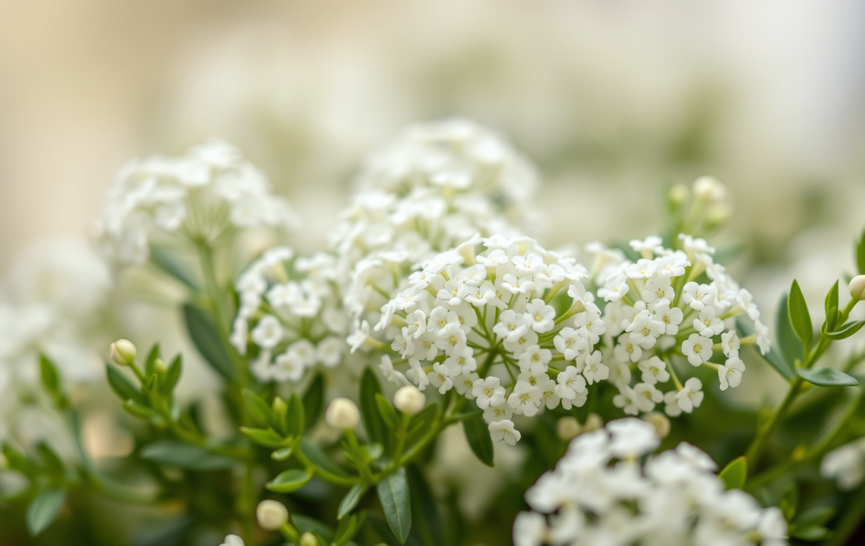 Närbild av brudslöja med små vita blommor och gröna blad i mjukt ljus