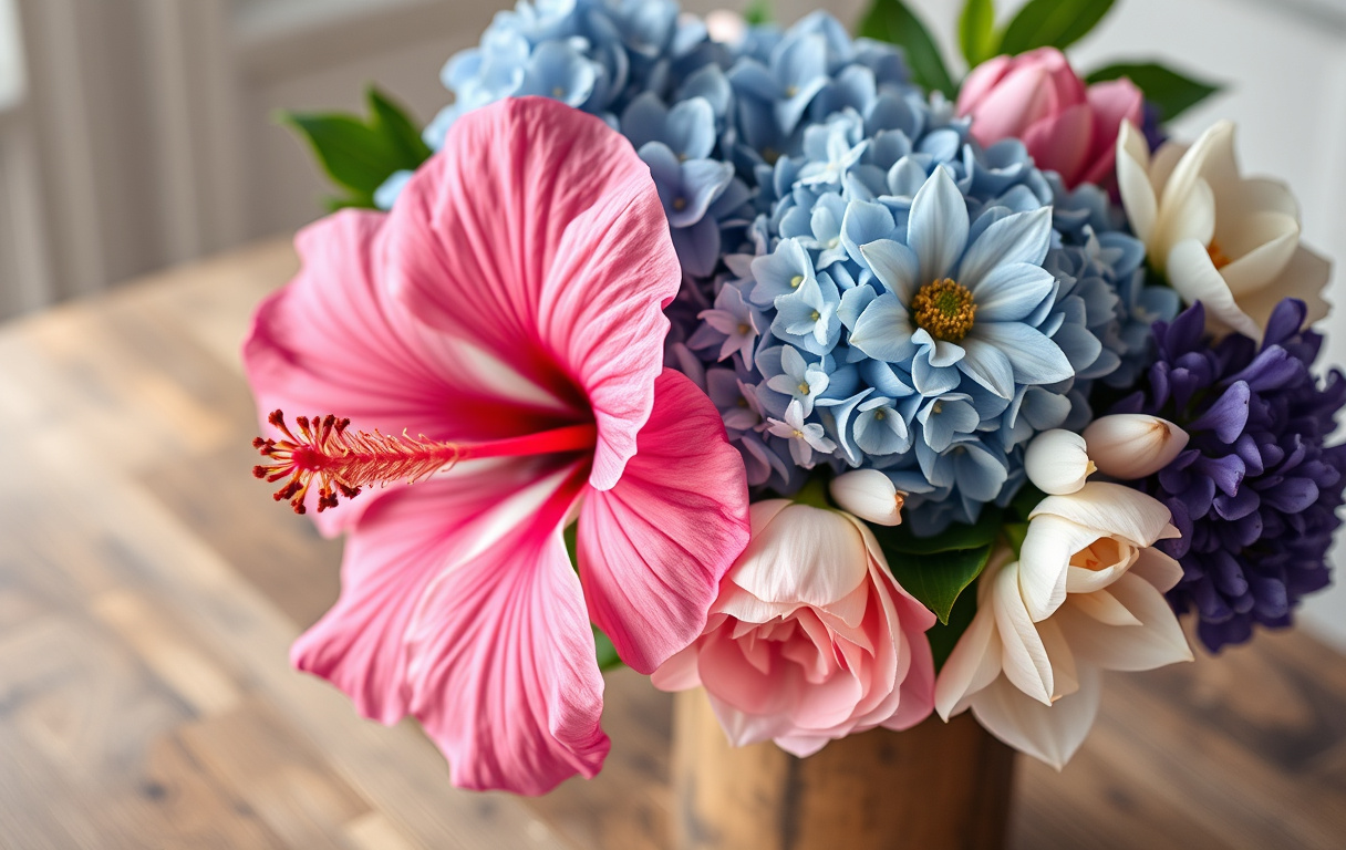 Bukett med hibiskus, hortensia, hyacint och helleborus i en rustik vas på ett träbord.