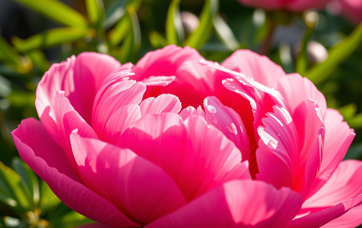 Närbild på en rosa pion i full blom med daggdroppar på kronbladen
