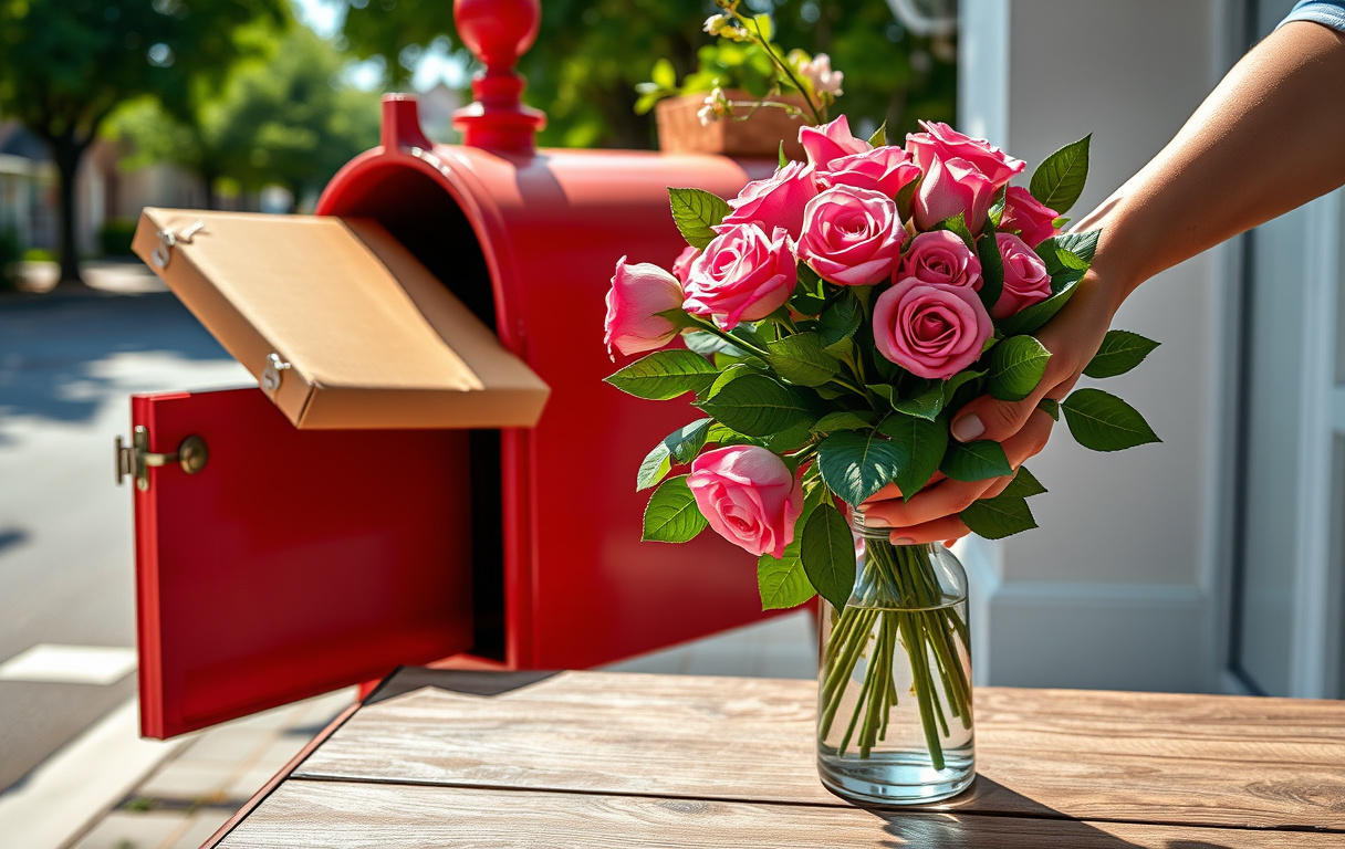 En platt kartong med blommor som glids in i en röd brevlåda, med en person som håller rosor och grönt framför en vas på ett bord