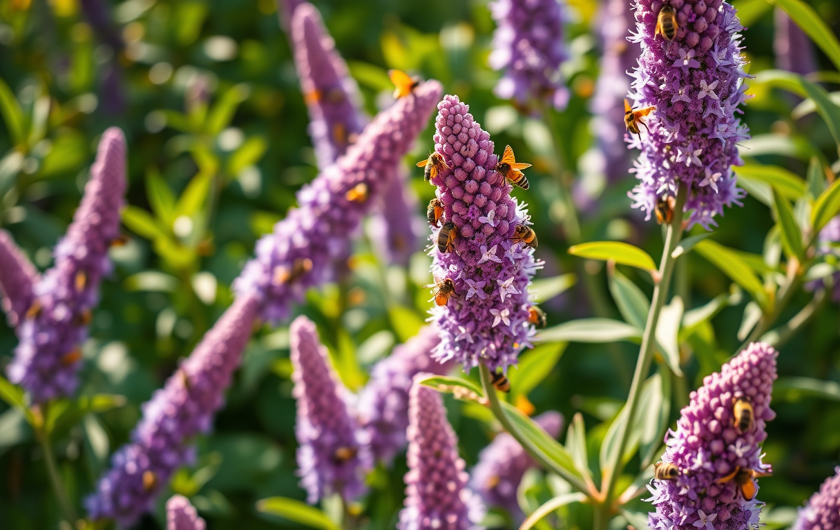 Närbild av en buddleja i full blom med lila blomställningar och fjärilar som landar på blommorna