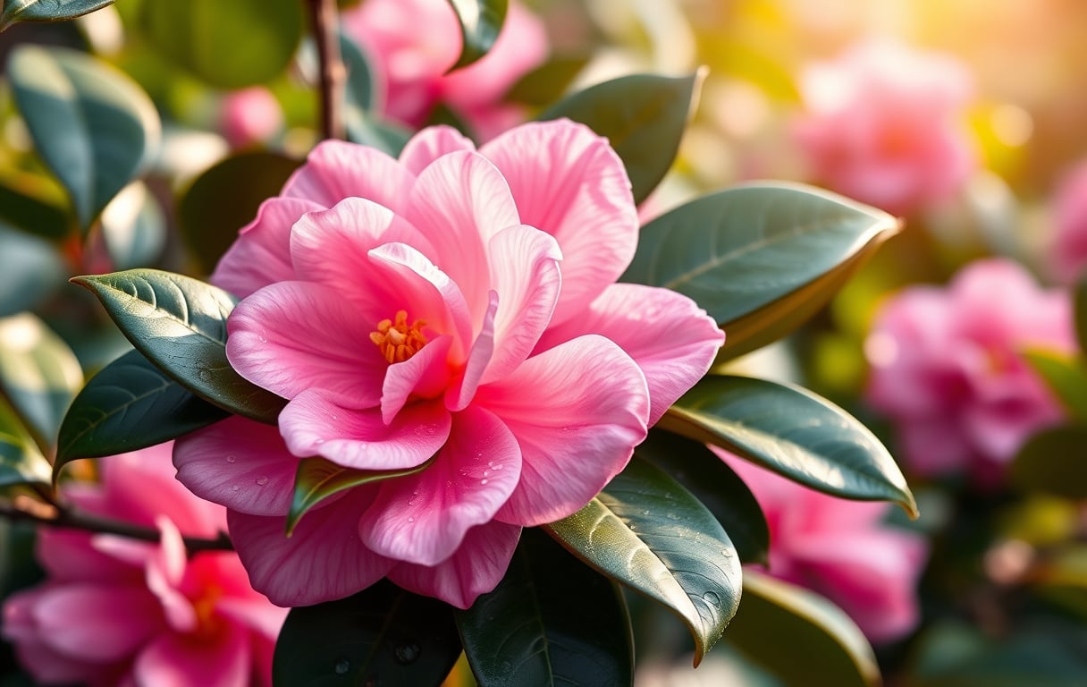 Närbild på en blommande kamelia med stora rosa dubbla kronblad och glänsande mörkgröna blad, morgonljus och daggdroppar.