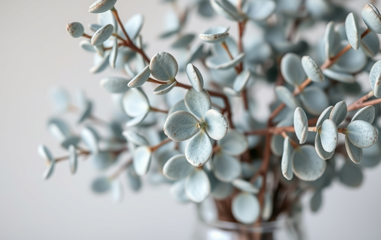 Närbild på färska eukalyptusgrenar med silverblågröna blad i en glasvas