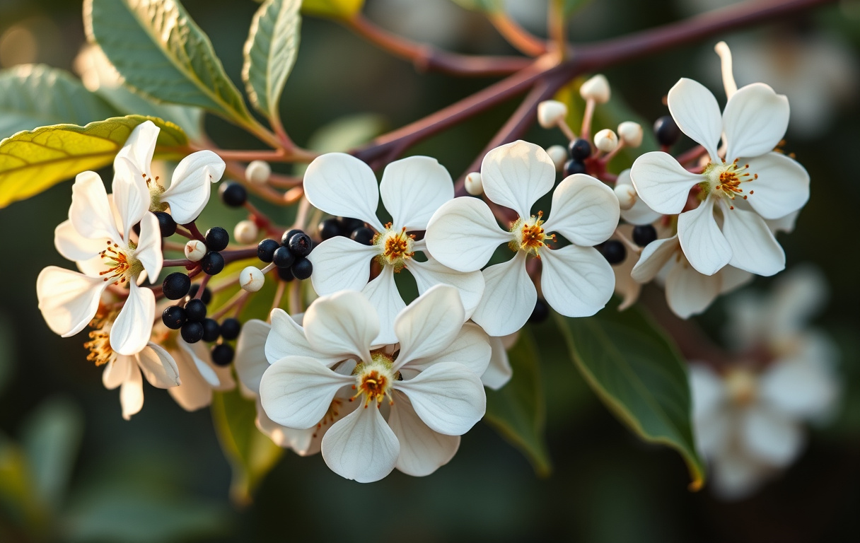 Närbild av en blommande äkta fläder med vita blomklasar i morgonljus.