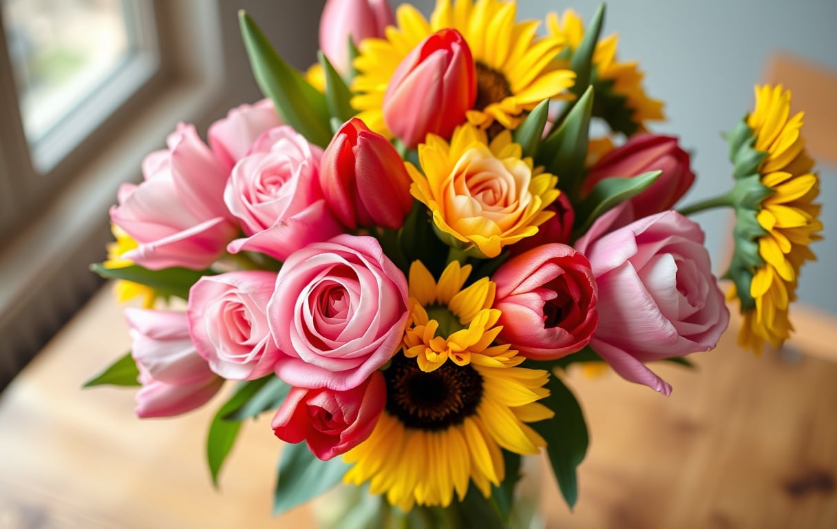 En bukett med rosor, tulpaner och solrosor i en glasvas – säkra blommor att skicka till barnfamiljer