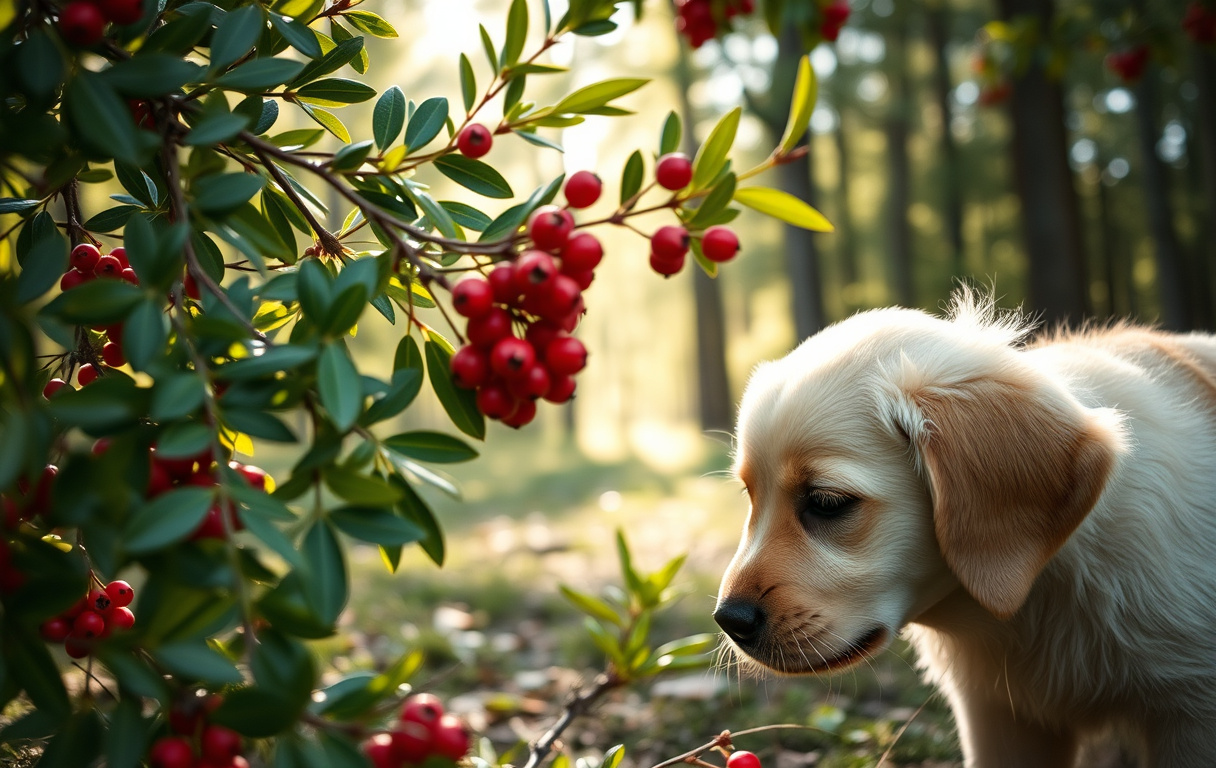 Närbild på idegran med röda bär och en golden retriever-valp som nosar försiktigt, solljus genom lövverk, pedagogisk bild