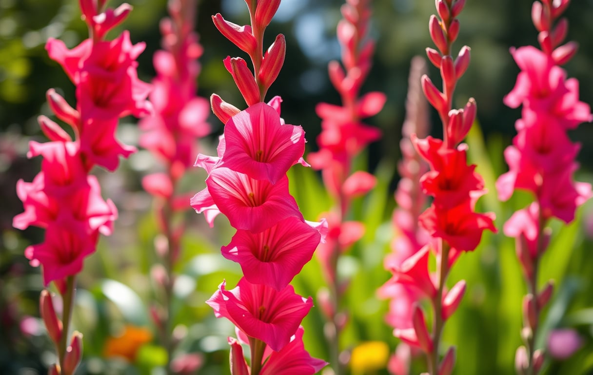 Närbild på gladioler i full blom med gröna blad och ljusfläckar i bakgrunden.