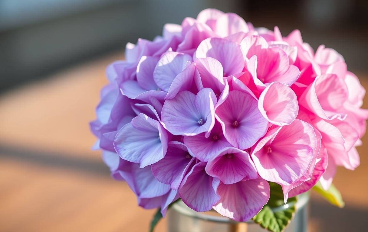 Närbild på en stor lila-rosa hortensiablomma i en glasvas med kallt vatten, i dagsljus.