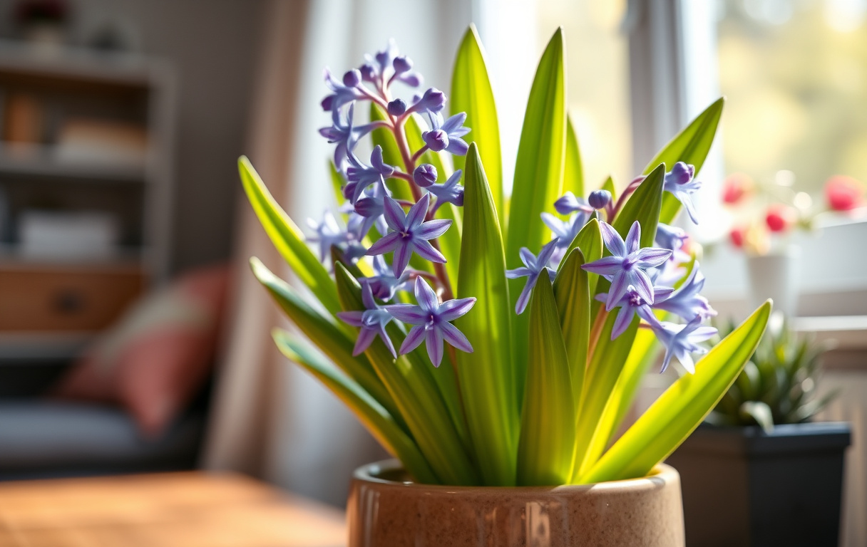 Närbild på en blommande hyacint i kruka med lila och blå stjärnformade blommor och gröna blad, inomhus i dagsljus.