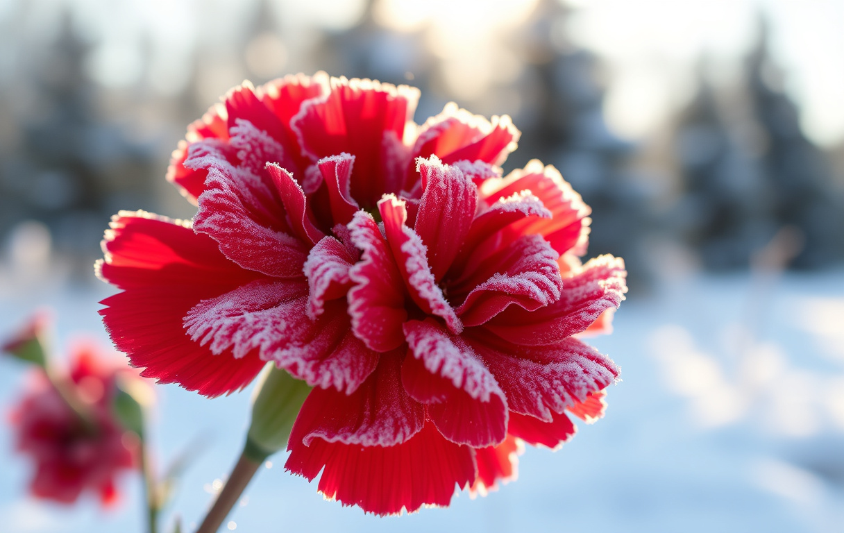 Röd nejlika med frostiga kronblad i vintermiljö, närbild med oskarp bakgrund.