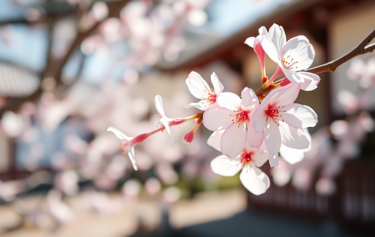 Närbild av en sakura-gren med blekrosa blommor mot en suddig japansk trädgårdsbakgrund