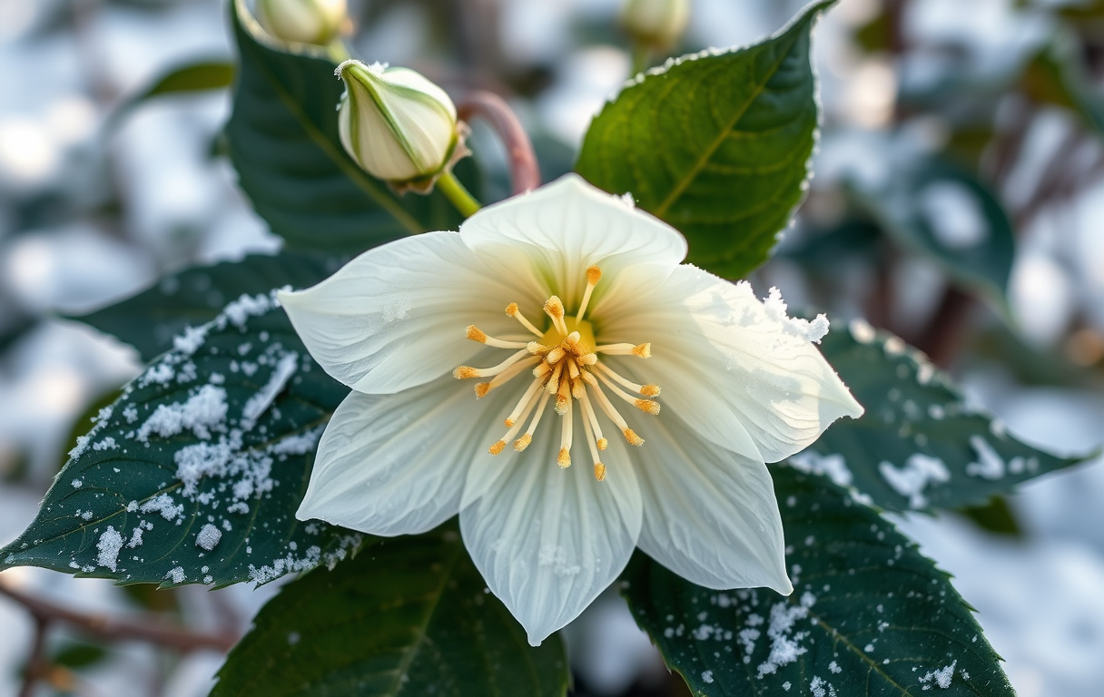 Närbild på en blommande julros i snö med vita kronblad och gula ståndare, omgiven av mörkgröna blad