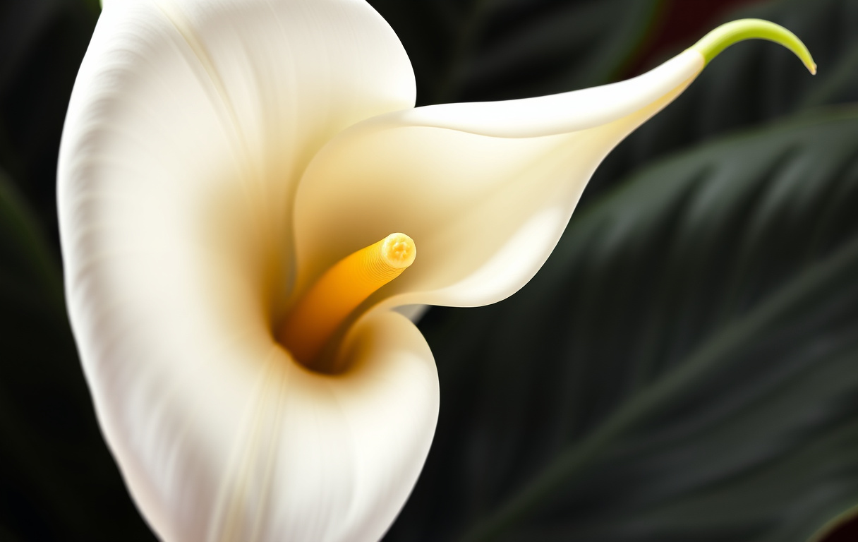 Närbild på en vit kalla med trumpetformad blomma och gul kolv, omgiven av mörkgröna blad.