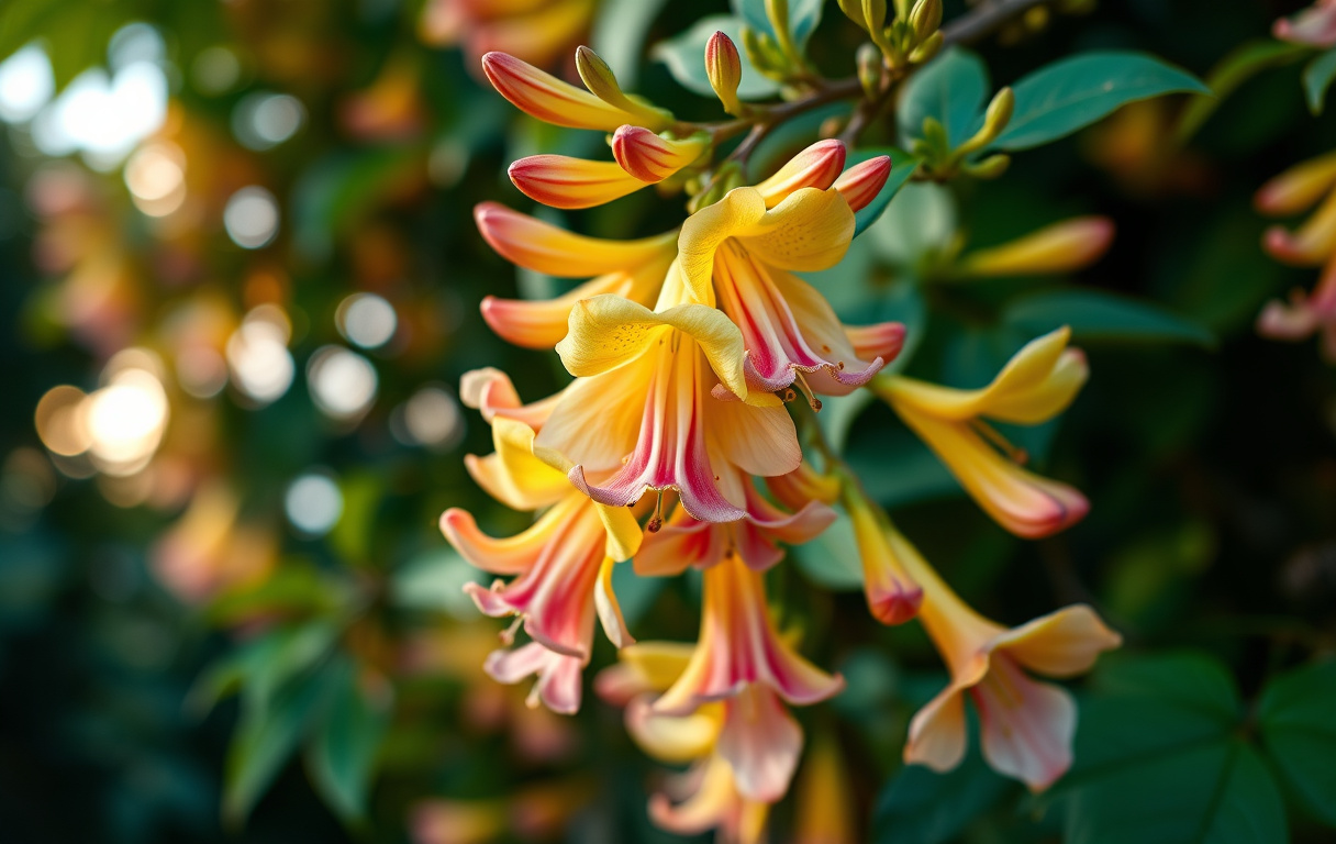 Närbild på vildkaprifol med gula och rosa trumpetformade blommor i sommarkvällsljus