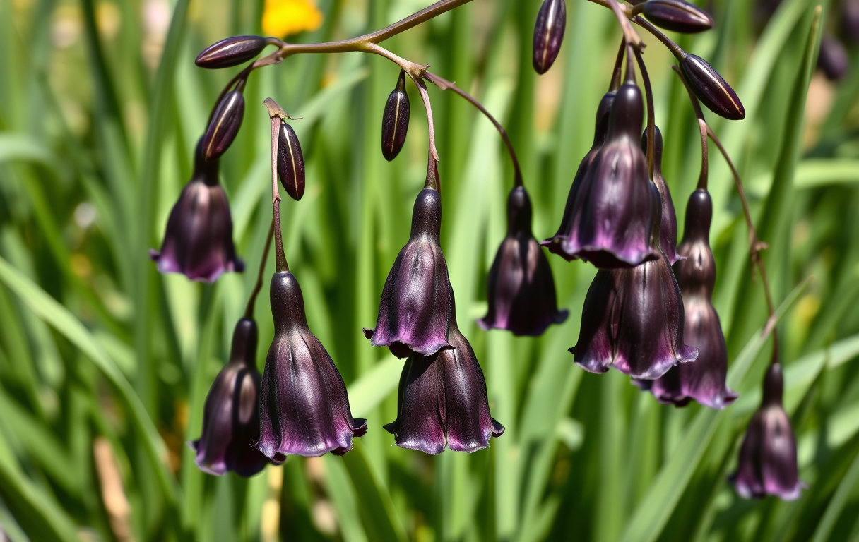 Närbild på mörkt violetta klockliljeblommor i en solig trädgård med silvergröna blad.
