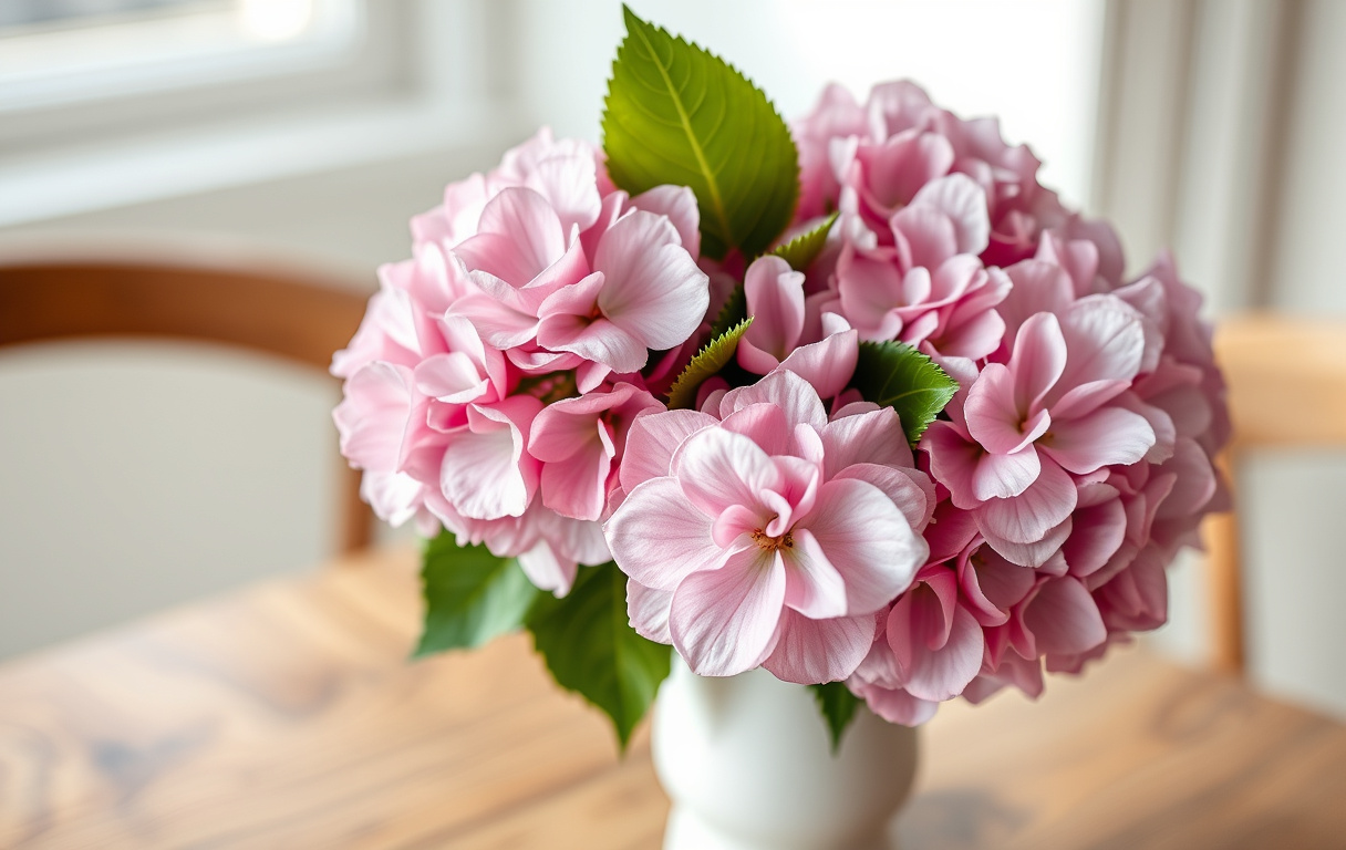Närbild på en bukett konserverade hortensior i rosa och lavendel, placerad i en vit vas på ett träbord