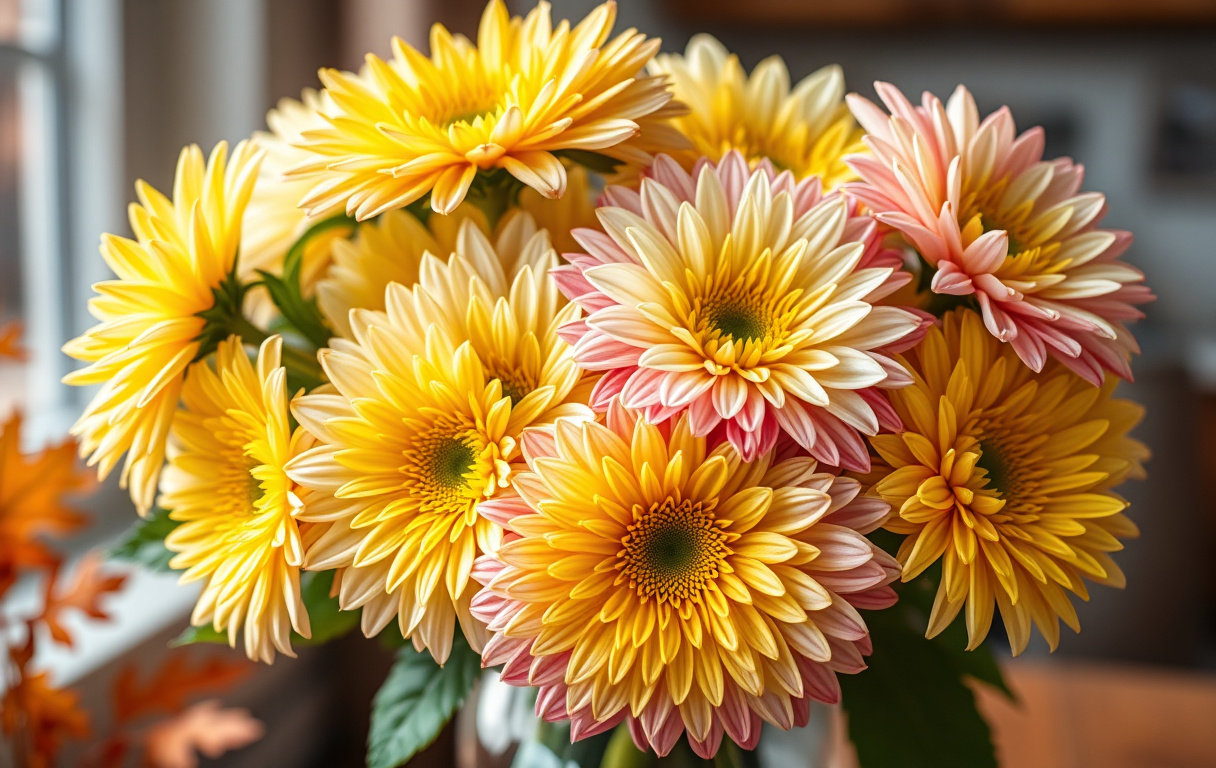 Närbild på en bukett krysantemum i olika färger – gula, vita och rosa blommor i en glasvas, med gröna blad och mjukt höstljus.
