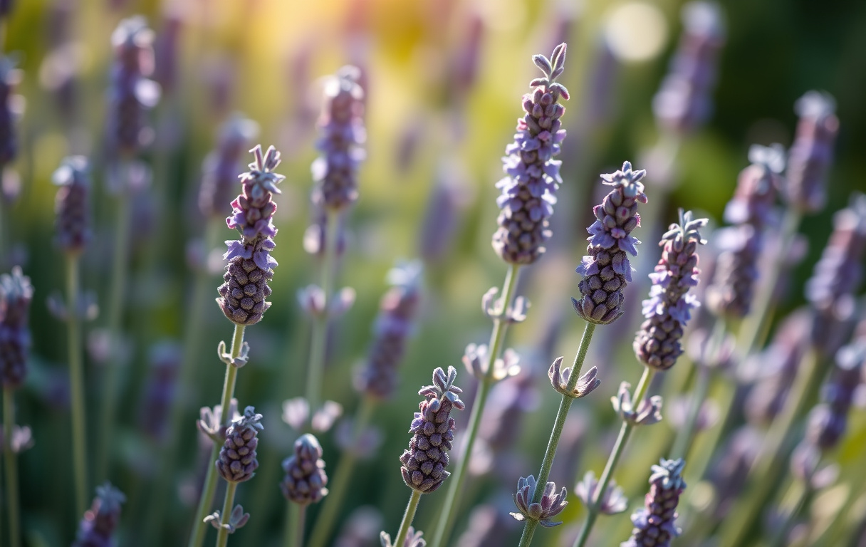 Närbild på lavendel 'Hidcote' i full blom, lila blomax mot suddig grön bakgrund