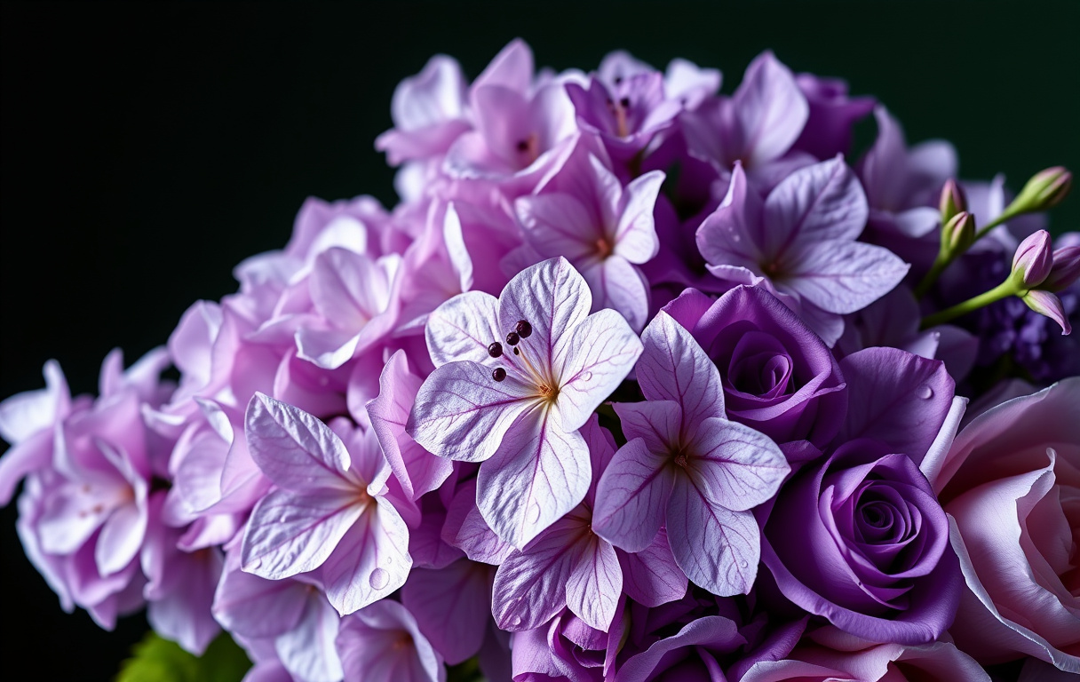 Närbild på en frodig lila blombukett med hortensia, clematis, riddarsporre och rosa i nyanser av lavendel och violett, mjukt naturligt ljus och mörk bakgrund.