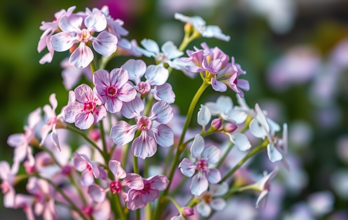 Närbild på en bukett färsk Limonium i nyanser av lavendel, rosa och vitt, med papperslika kronblad och smala gröna stjälkar.