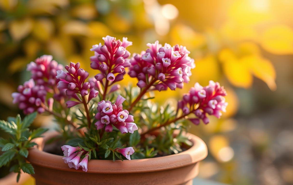 Närbild på blommande ljung i terrakottakruka med rosa och lila klockblommor, omgiven av höstlöv och mjukt solljus.