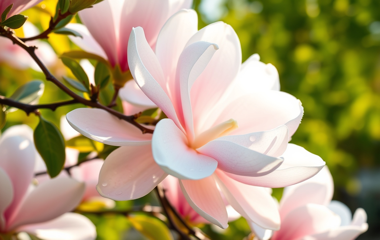 Närbild av magnolia i full blom med vita och rosa kronblad i morgonljus.