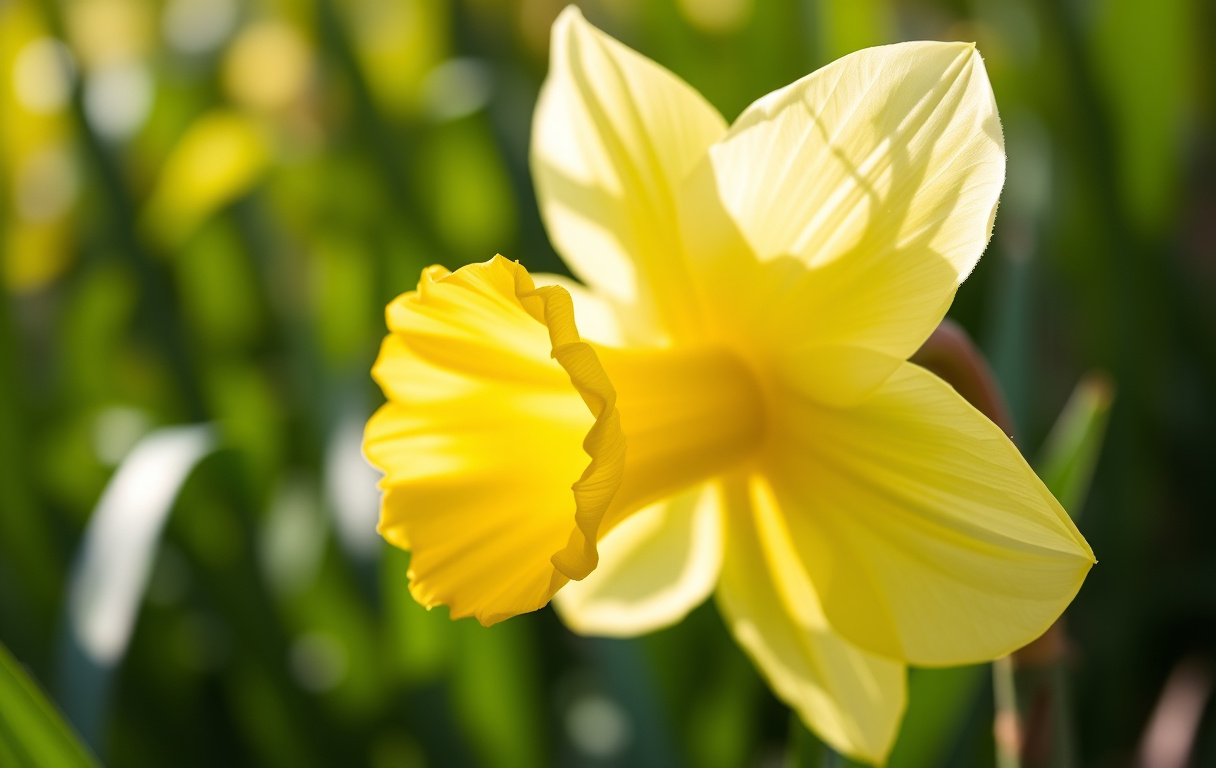 Närbild på en blommande gul påsklilja med daggdroppar på kronbladen i en solig vårträdgård.