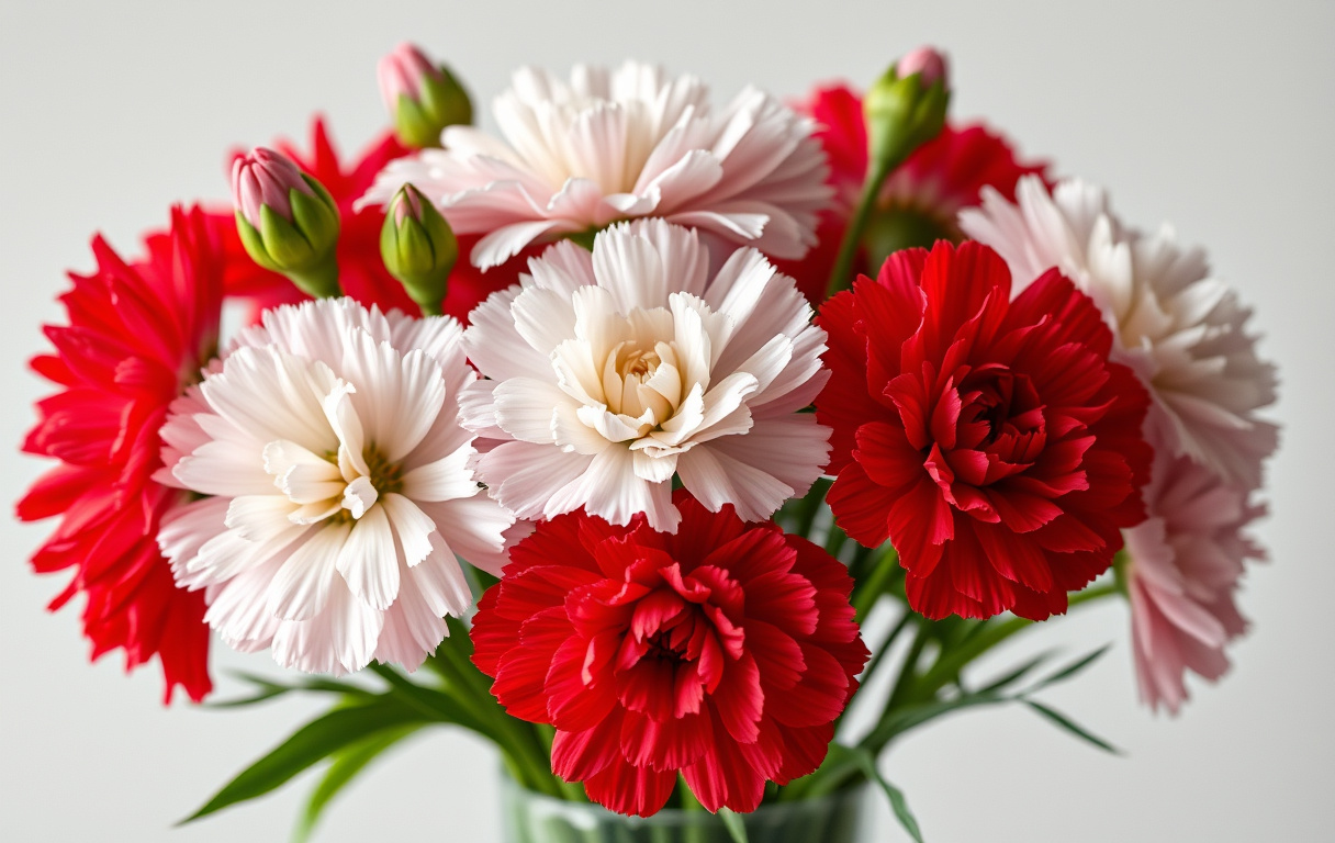 Närbild på en bukett med nejlikor i rött, vitt och rosa, med några öppna blommor och knoppar, i en vas.