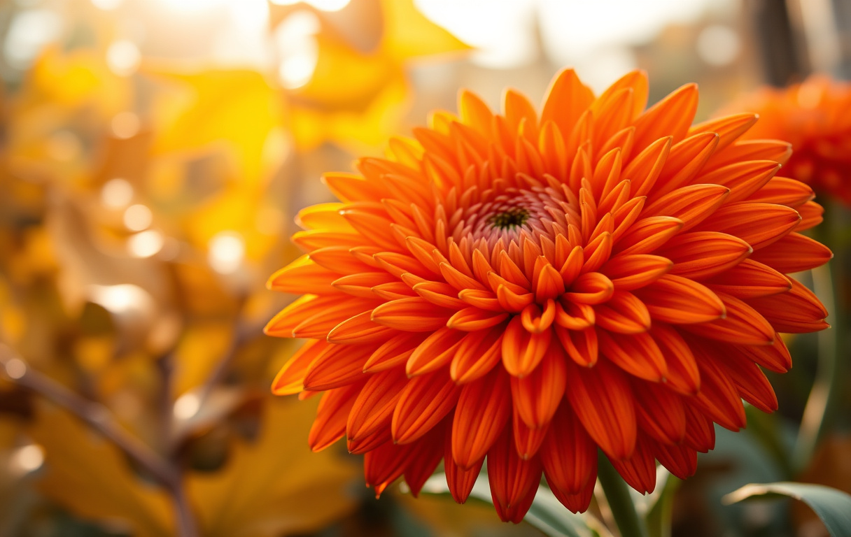 Närbild av en orange krysantemum i höstljus med gyllene löv i bakgrunden.