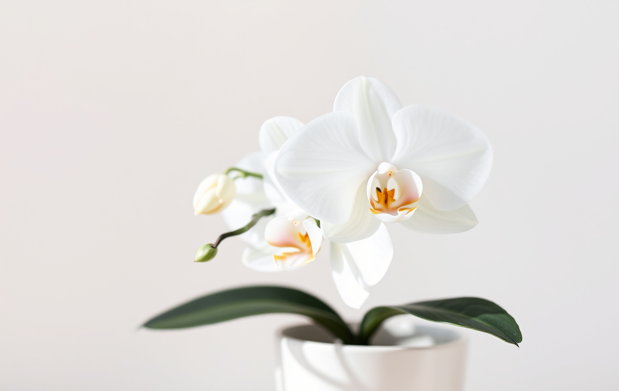 Närbild av en vit Phalaenopsis-orkidé med mörkgröna blad i en keramikkruka