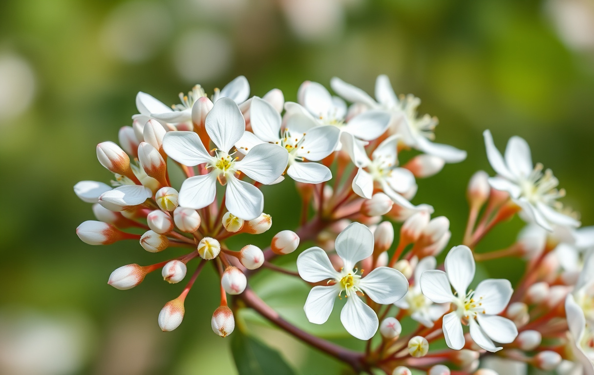 Närbild av pärlbuske med vita blommor och pärlformade knoppar.