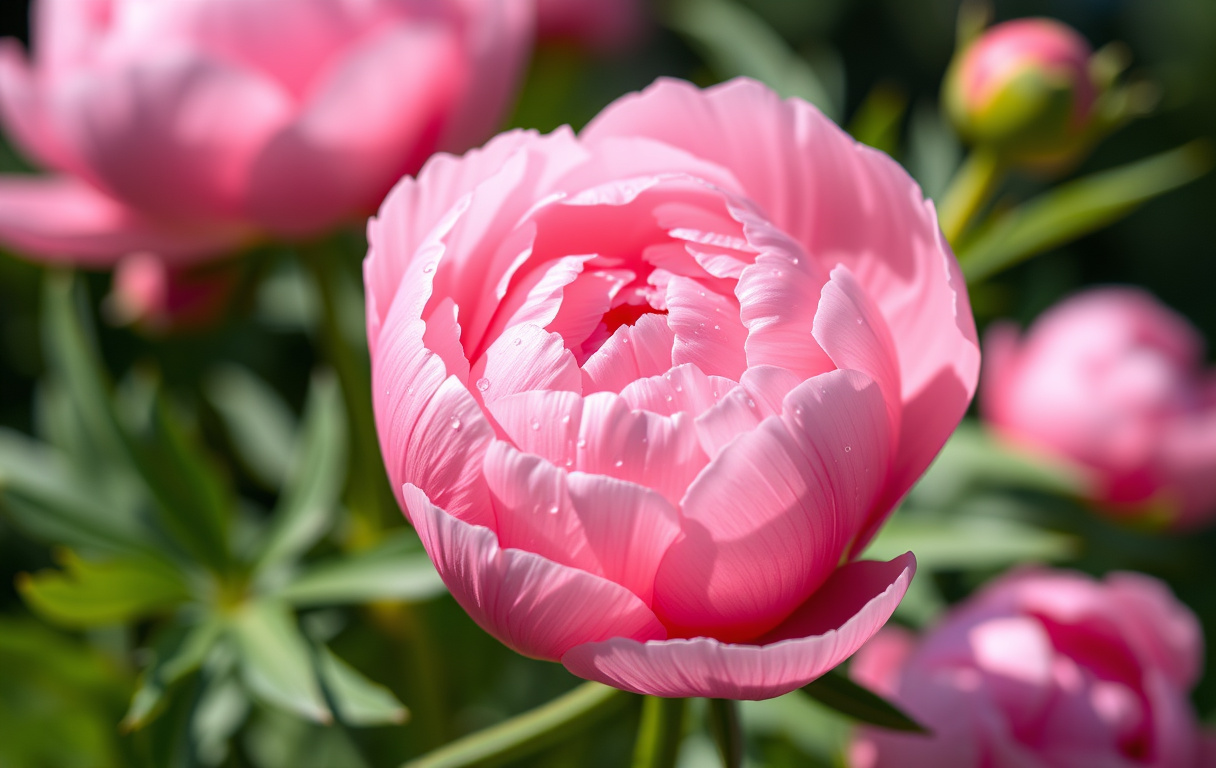 Närbild på en rosa pion i full blom med daggdroppar på kronbladen.