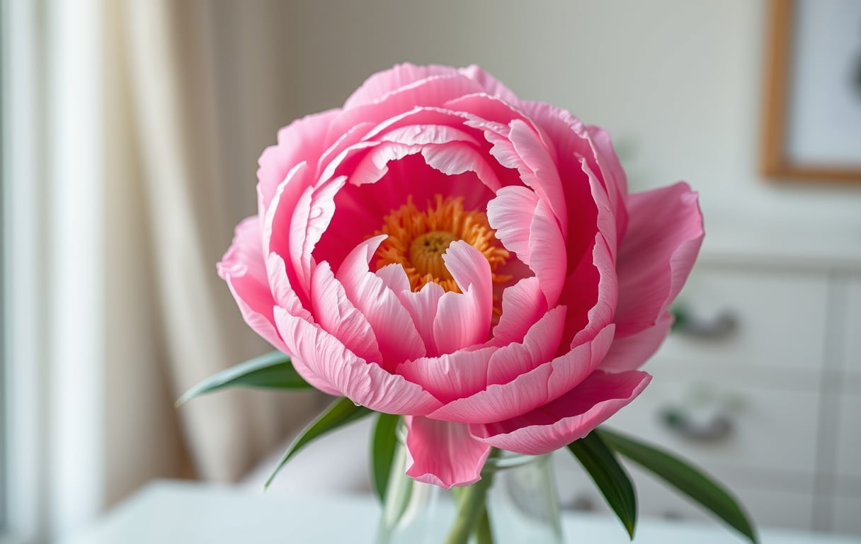 Närbild på en rosa pion i en glasvas med vattendroppar på kronbladen, mjukt naturligt ljus