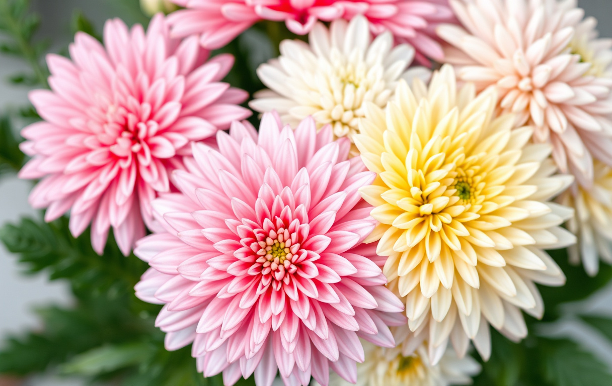 Närbild på en bukett med pom-pom-blommor i pastellrosa, vitt och gult. De runda, fluffiga blommorna syns tydligt med gröna blad i bakgrunden.