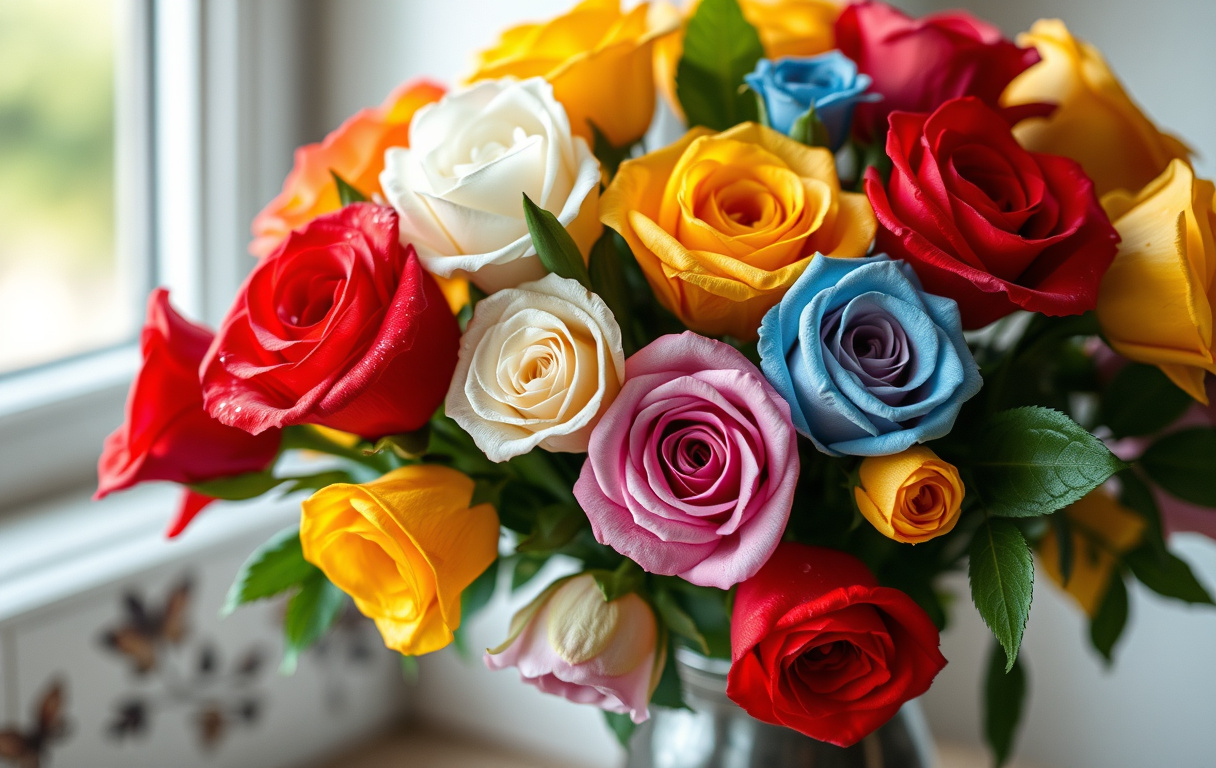 Bukett med rosor i olika färger – röd, vit, gul, rosa, orange, blå och grön – arrangerade i en vas med mjukt dagsljus.