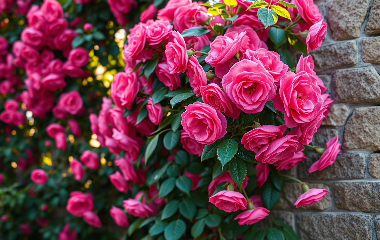 Lång klätterros i full blom mot en gammal stenmur, rosa blommor, morgonljus och daggdroppar på bladen.