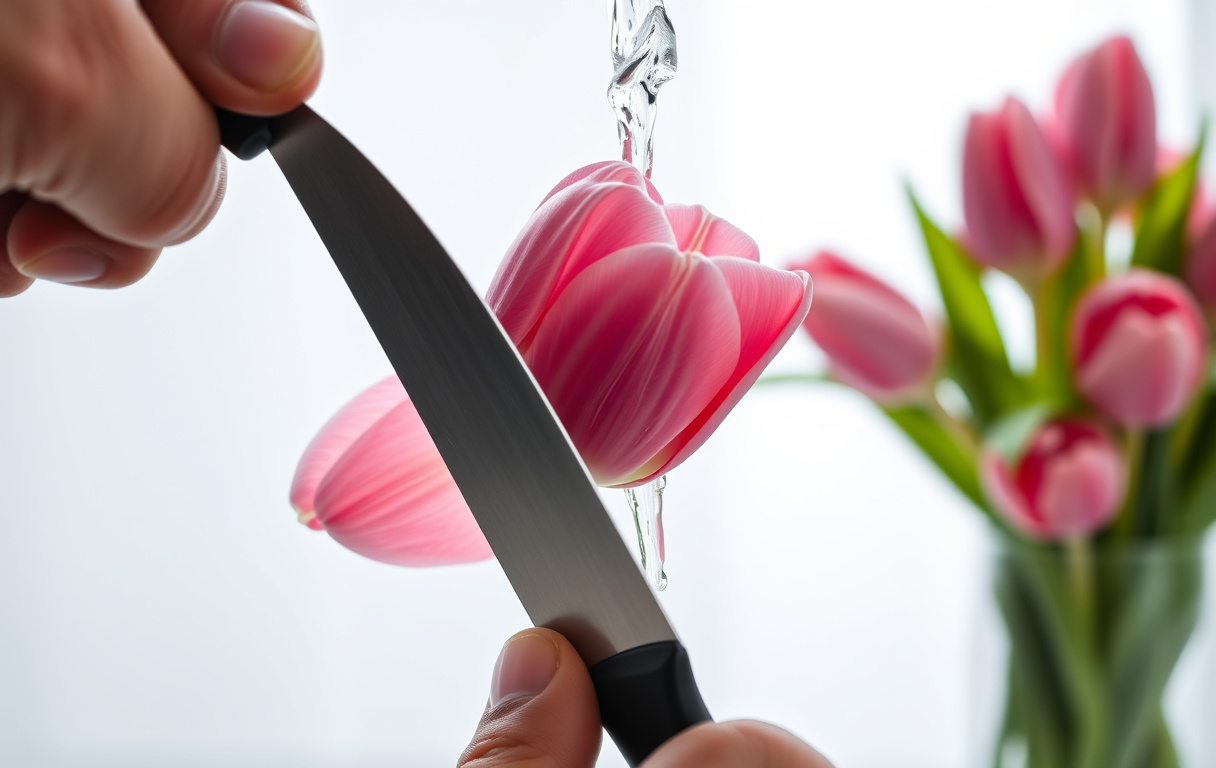 Snitta tulpaner med vass kniv och rakt snitt under rinnande vatten, en hand som skär en rosa tulpanstjälk