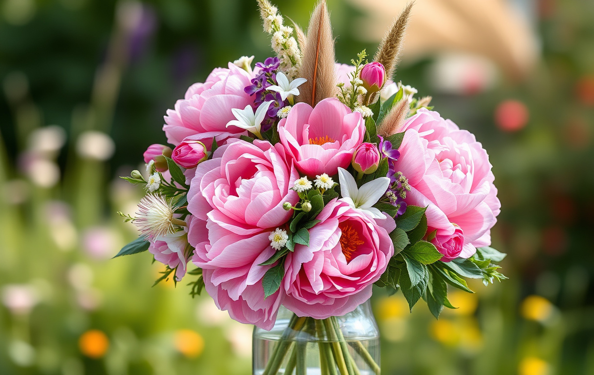 En sommarbukett i en glasvas med rosa pion, alstroemeria, vit prärieklocka, stjärnflocka, eukalyptus och fontängräs, fotorealistisk stil.