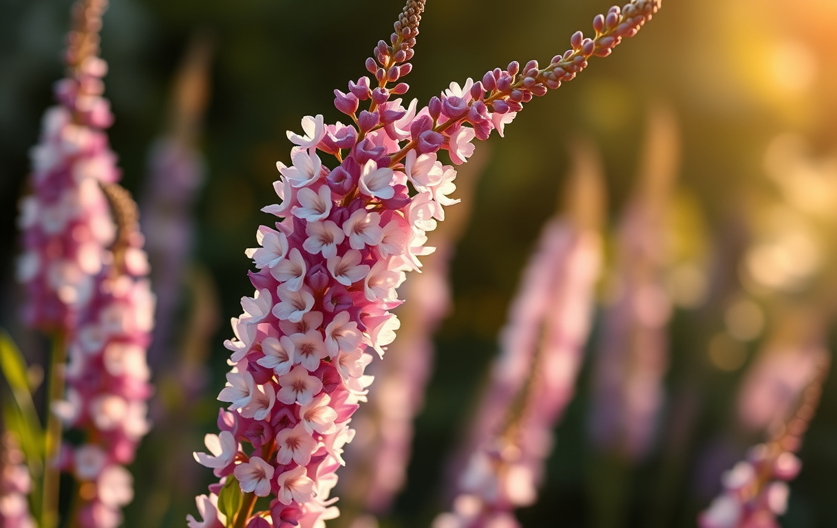 Närbild på en blommande sommarlövkoja med dubbla blommor i vaniljvitt och syrenlila mot en solbelyst trädgårdsbakgrund.