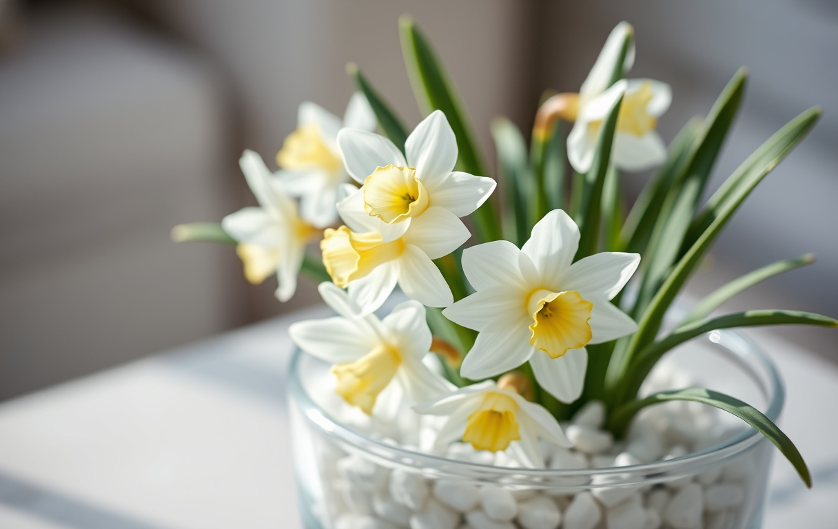 Närbild på en blommande tazett i glaskål med vita marmorkross